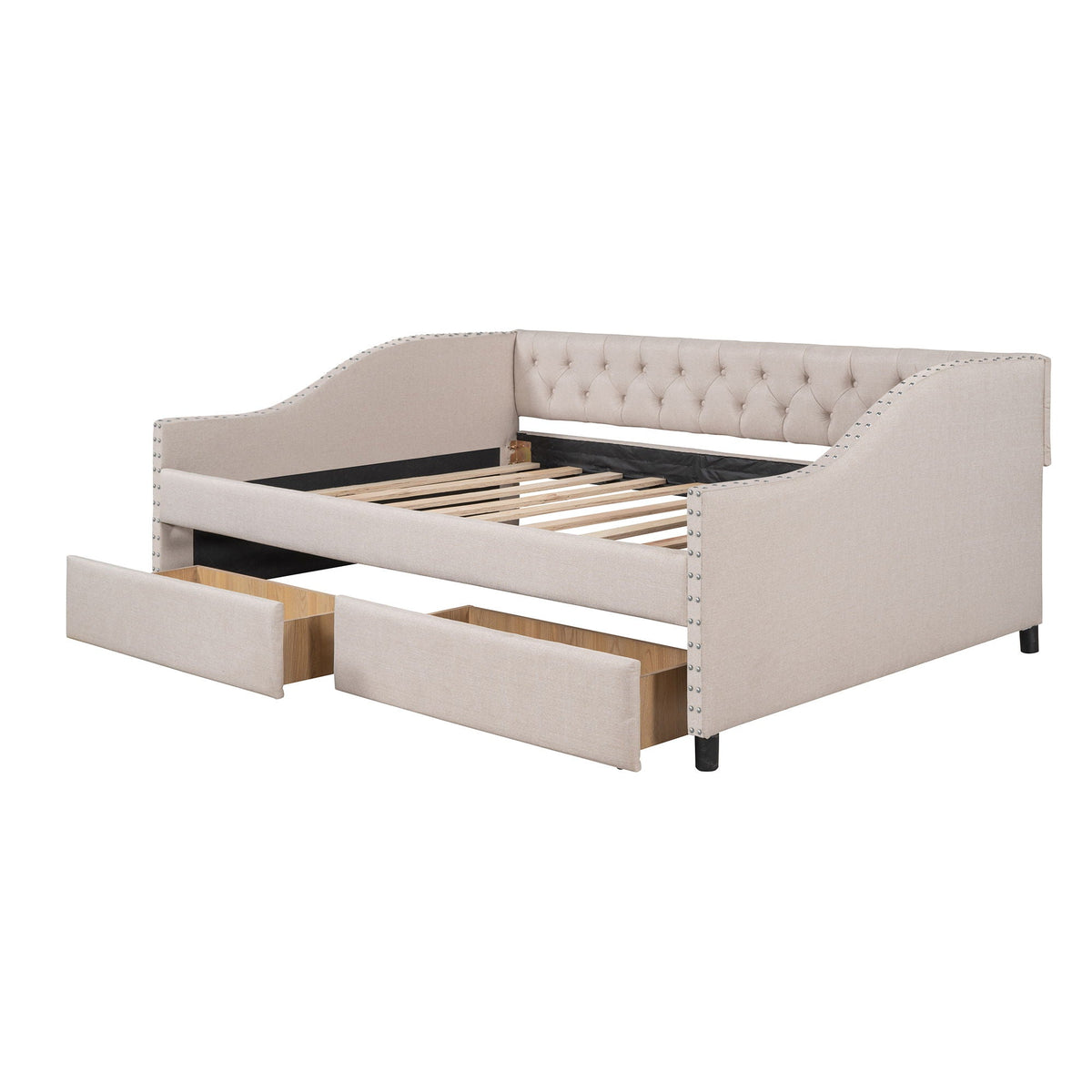 Upholstered Daybed With Two Drawers, Wood Slat Support