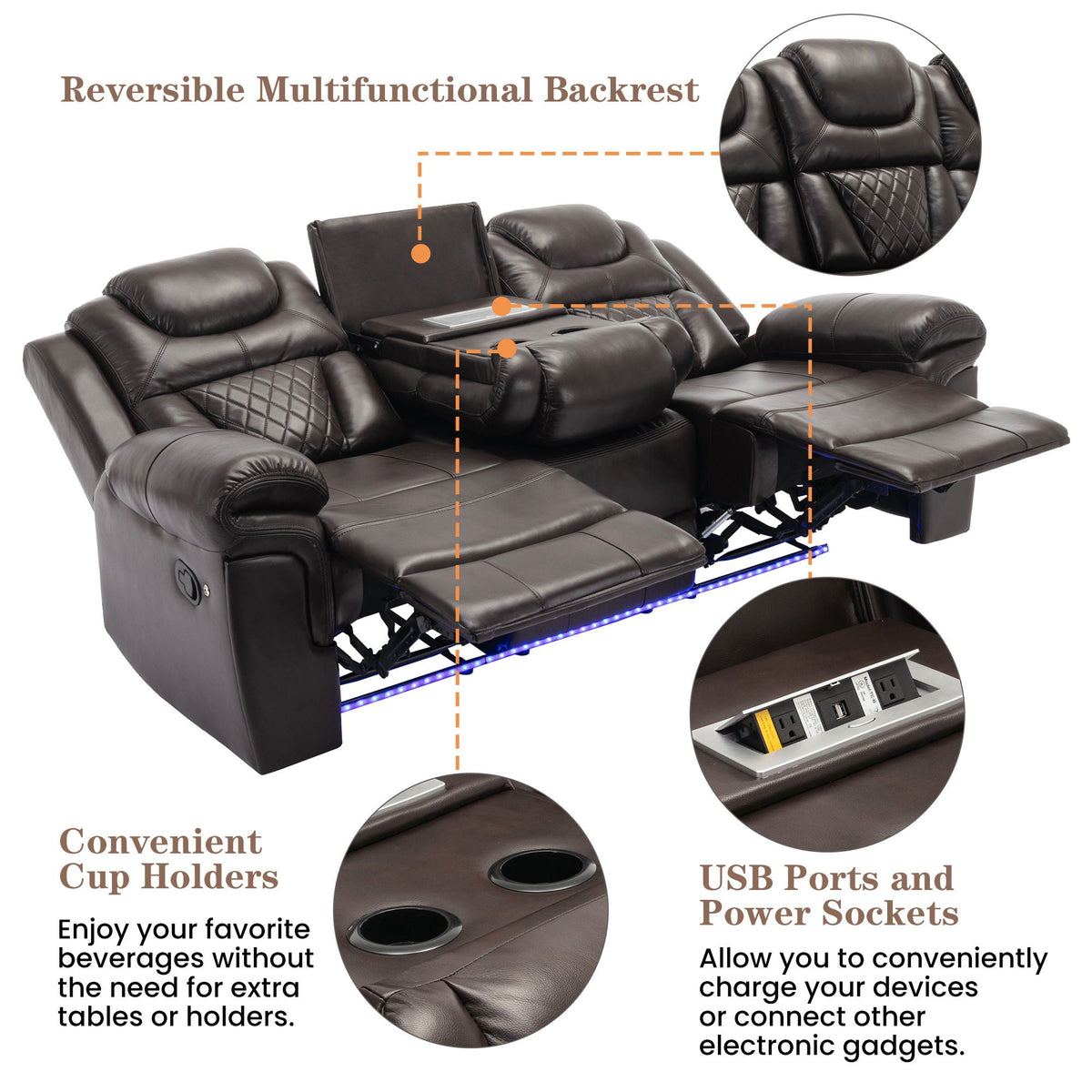 3 Pieces Recliner Sofa Sets Home Theater Seating Manual Recliner Chair With Center Console And LED Light Strip For Living Room