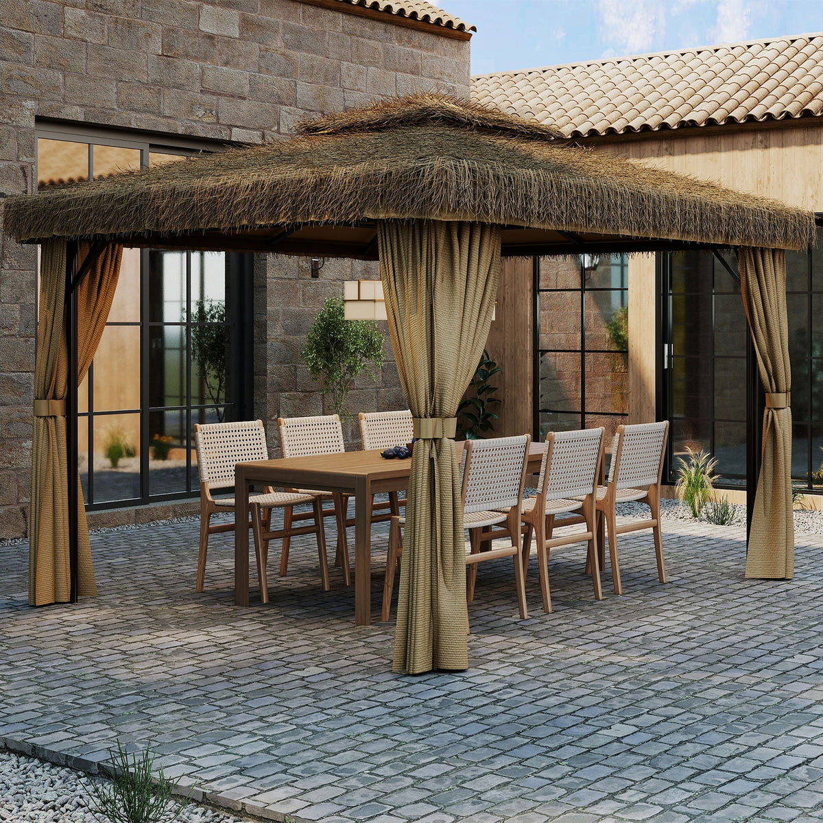 Outdoor Patio Gazebo With Double Canopy, Mosquito Net & Privacy Curtain - Brown