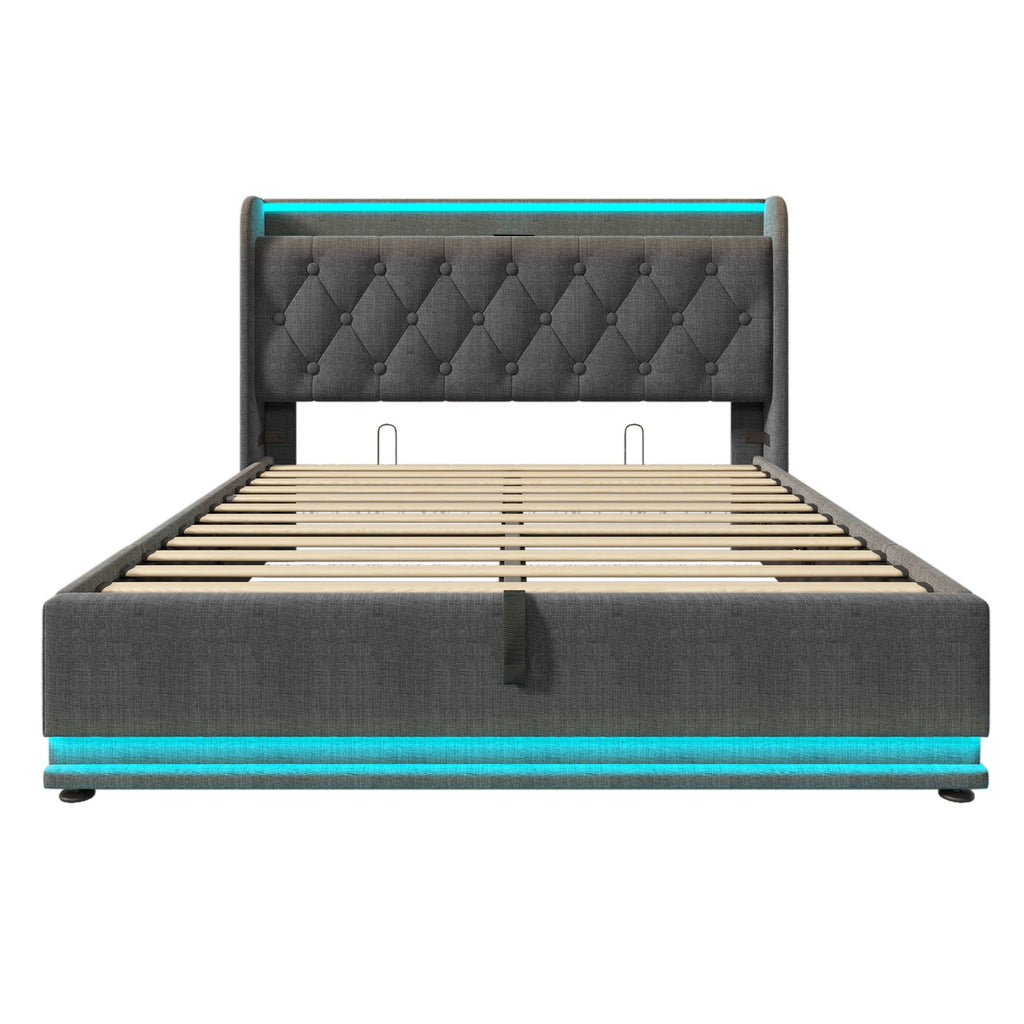 Upholstered Bed, 360 Surround LED Function, Remote Control, Hydraulic Storage Bed With USB, Type-C Charging (Without Mattress)