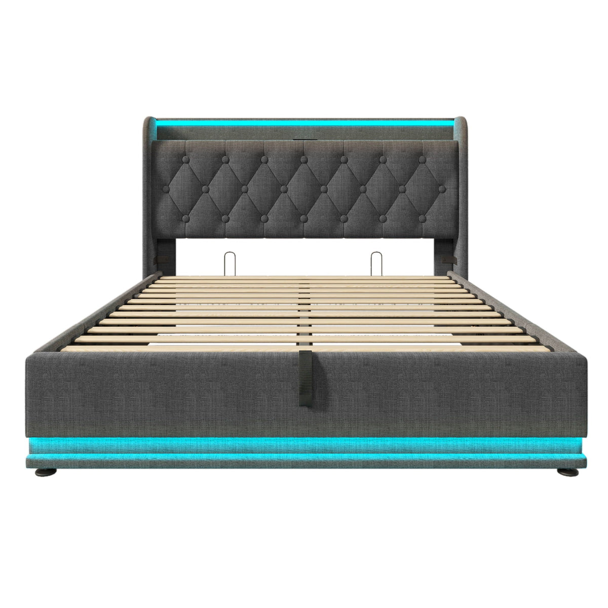 Upholstered Bed, 360 Surround LED Function, Remote Control, Hydraulic Storage Bed With USB, Type-C Charging (Without Mattress)