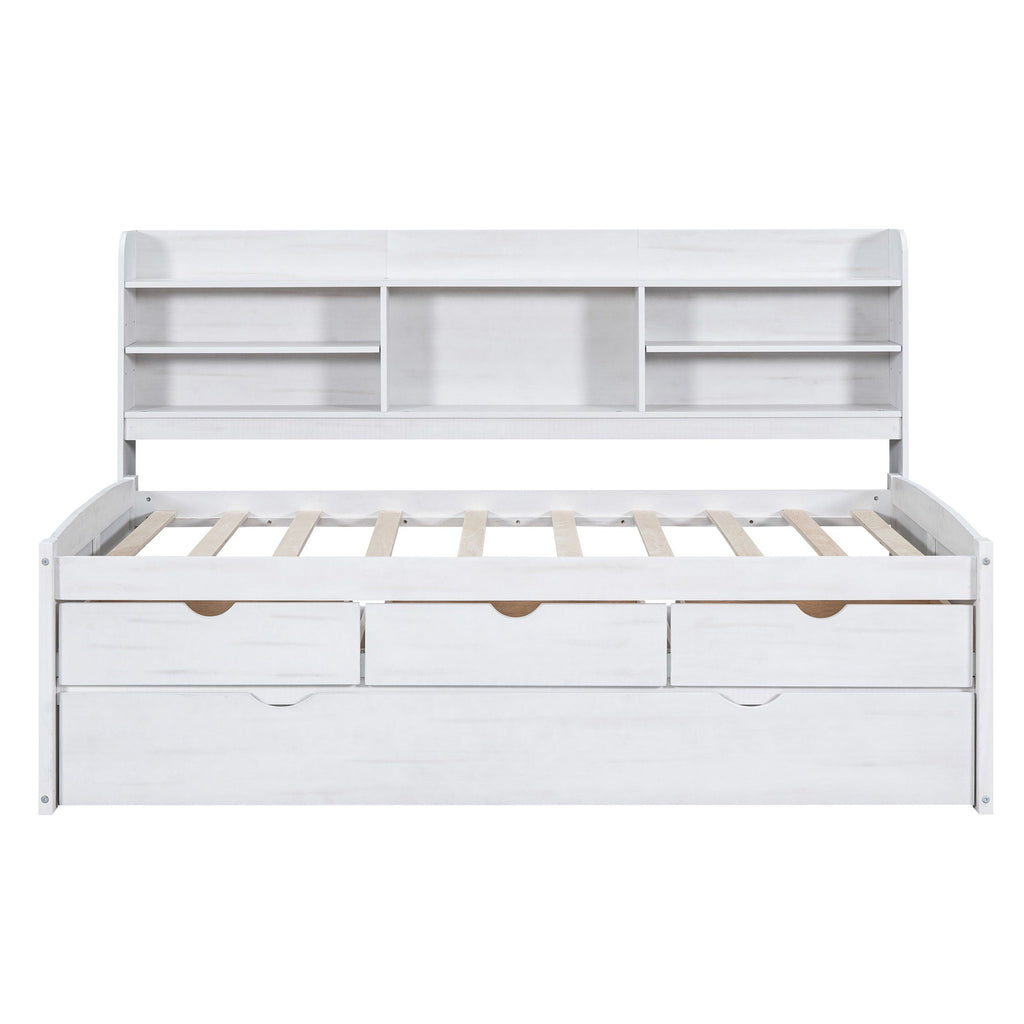 Captain Bed With Built In Bookshelves, 3 Storage Drawers, And Trundle