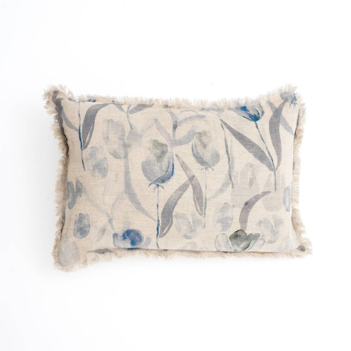 Linen Printed Lumbar Throw Pillow with Fringes (Blue & Grey) 16x24