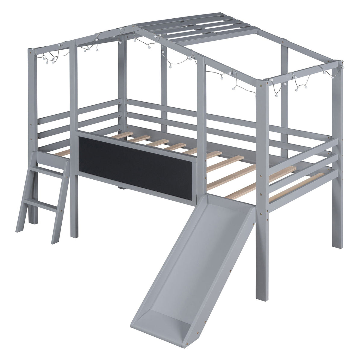 Loft House Bed With Ladder And Slide, With board And Light Strip On The Roof