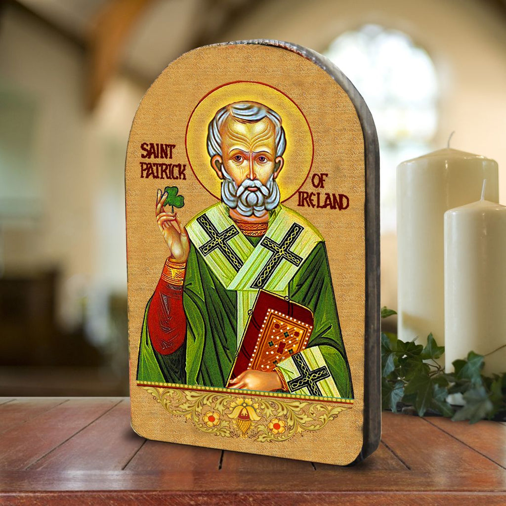 Saint Patrick Wooden Gold Plated Religious Celtic Sacred Icon - Inspirational Icon Decor - 86060