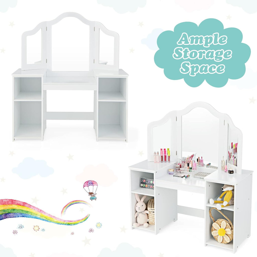 Kids Vanity, 2 in 1 Princess Makeup Desk & Chair Set with Tri-Folding Detachable Mirror, Large Storage Shelves, Wooden Pretend Play Dressing Table for Girls