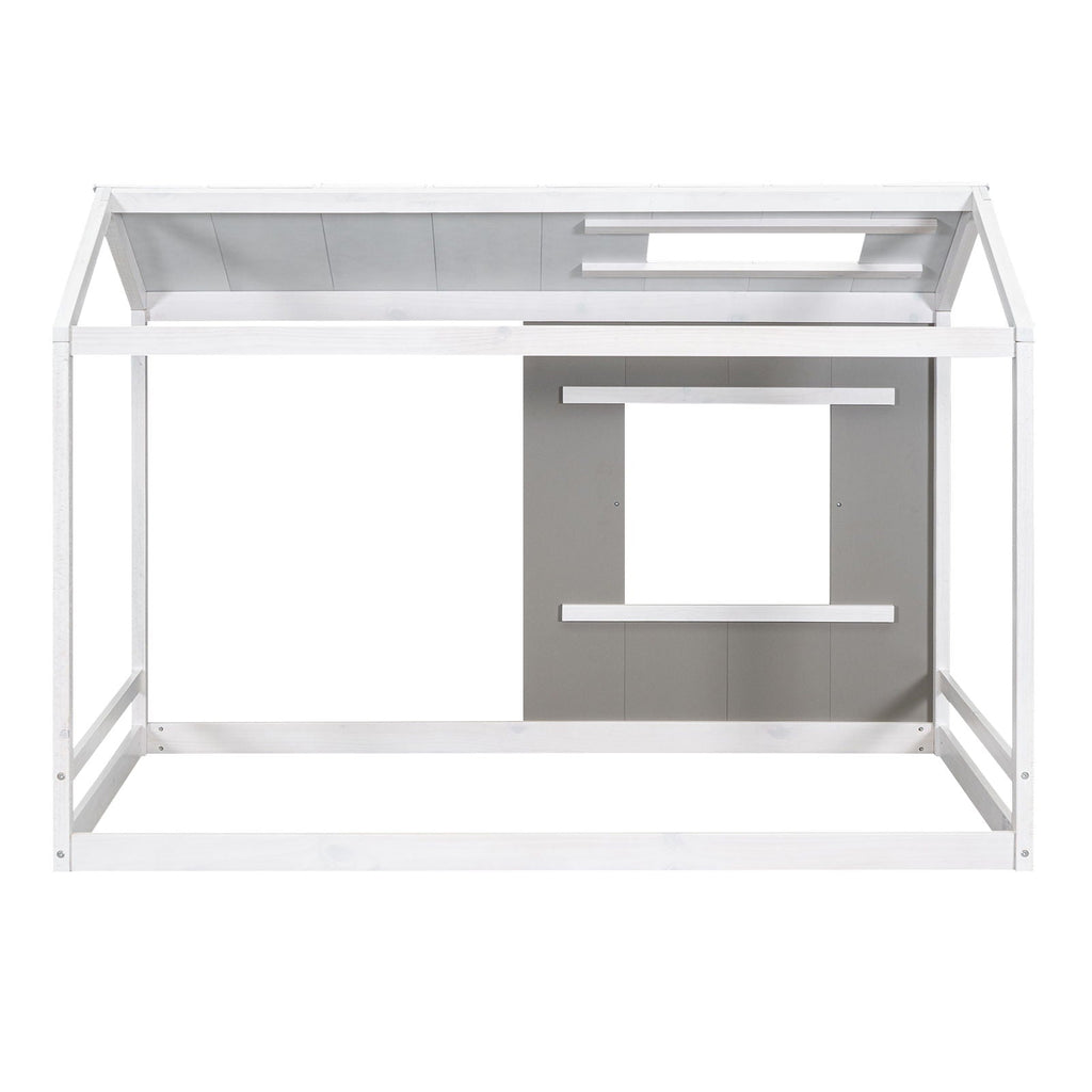 Twin Size House Platform Bed With Roof And Window - Natural / White