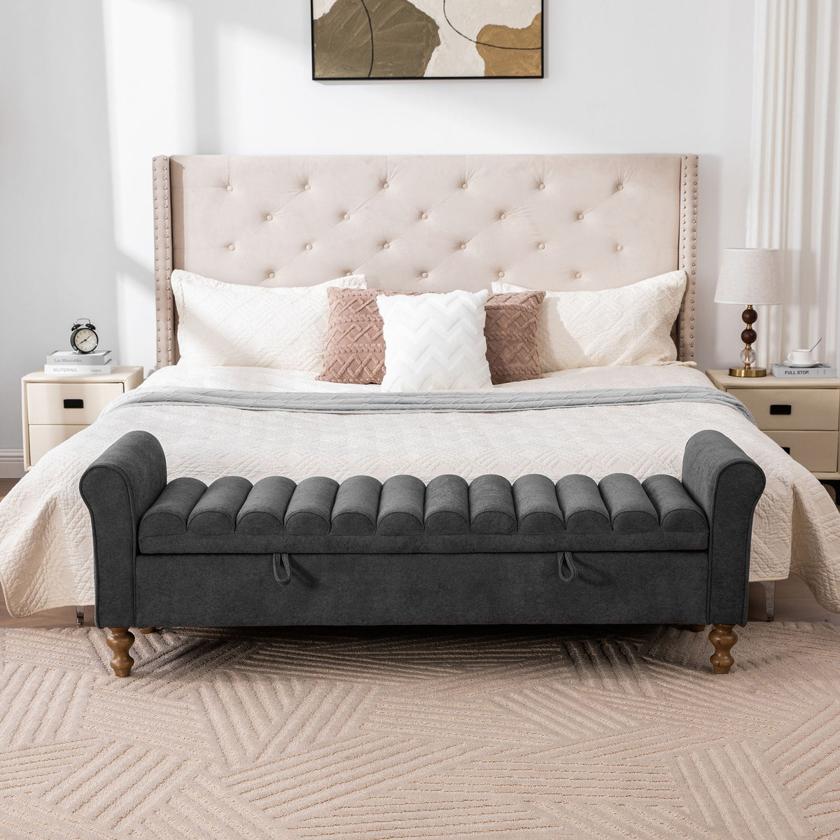 Wide Modern Upholstered Storage Bench With Rolled Armrest