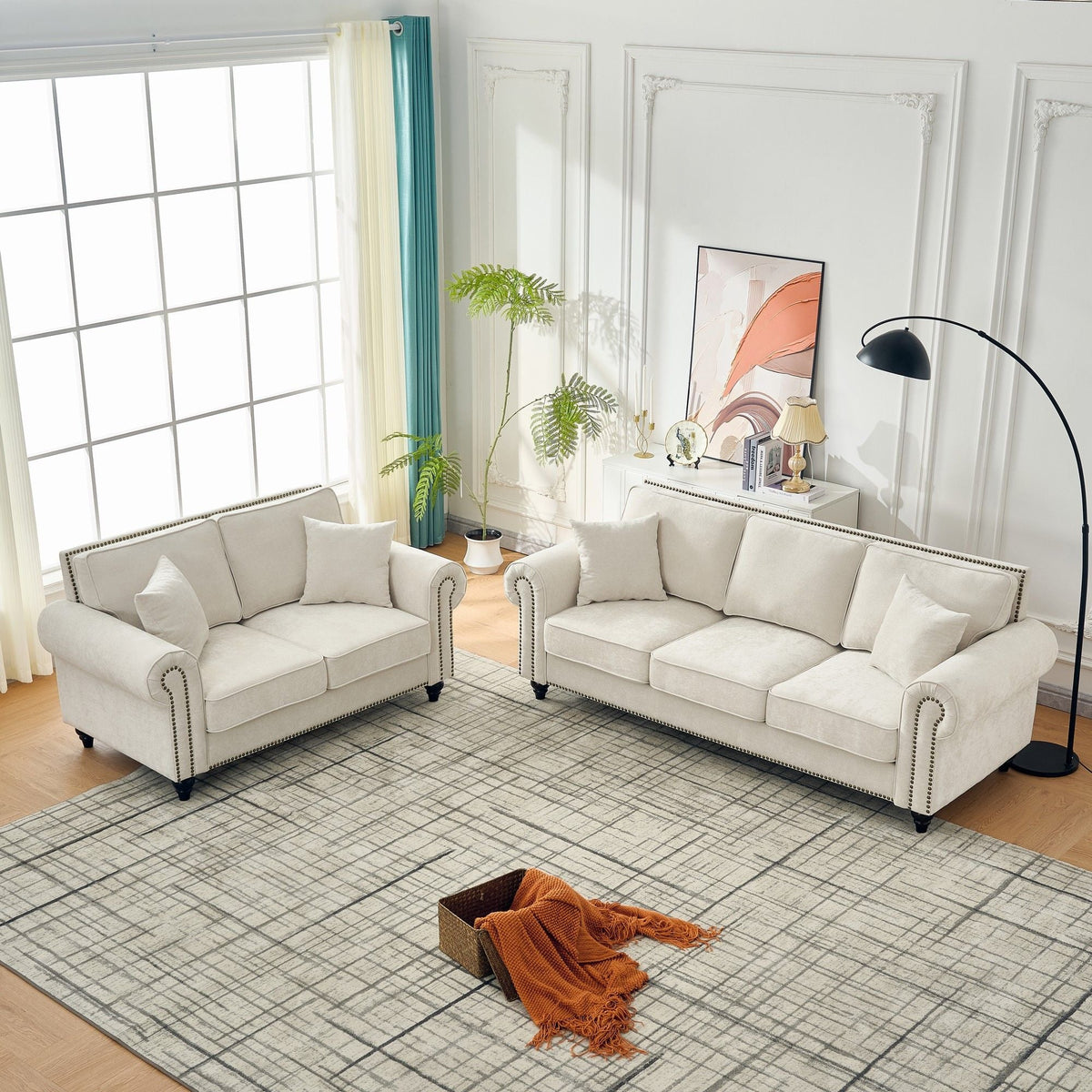 3 Seater Sofa With Tufted Upholstery, Rolled Arms, Nailhead Trim