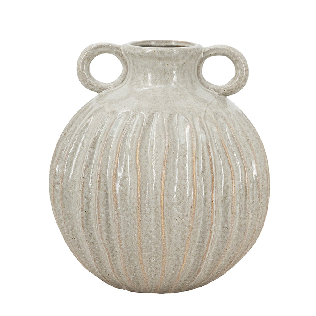 9x9x10' Decorative Round Ceramic Flower Vase with Small Handles and Textured Motif, Gold