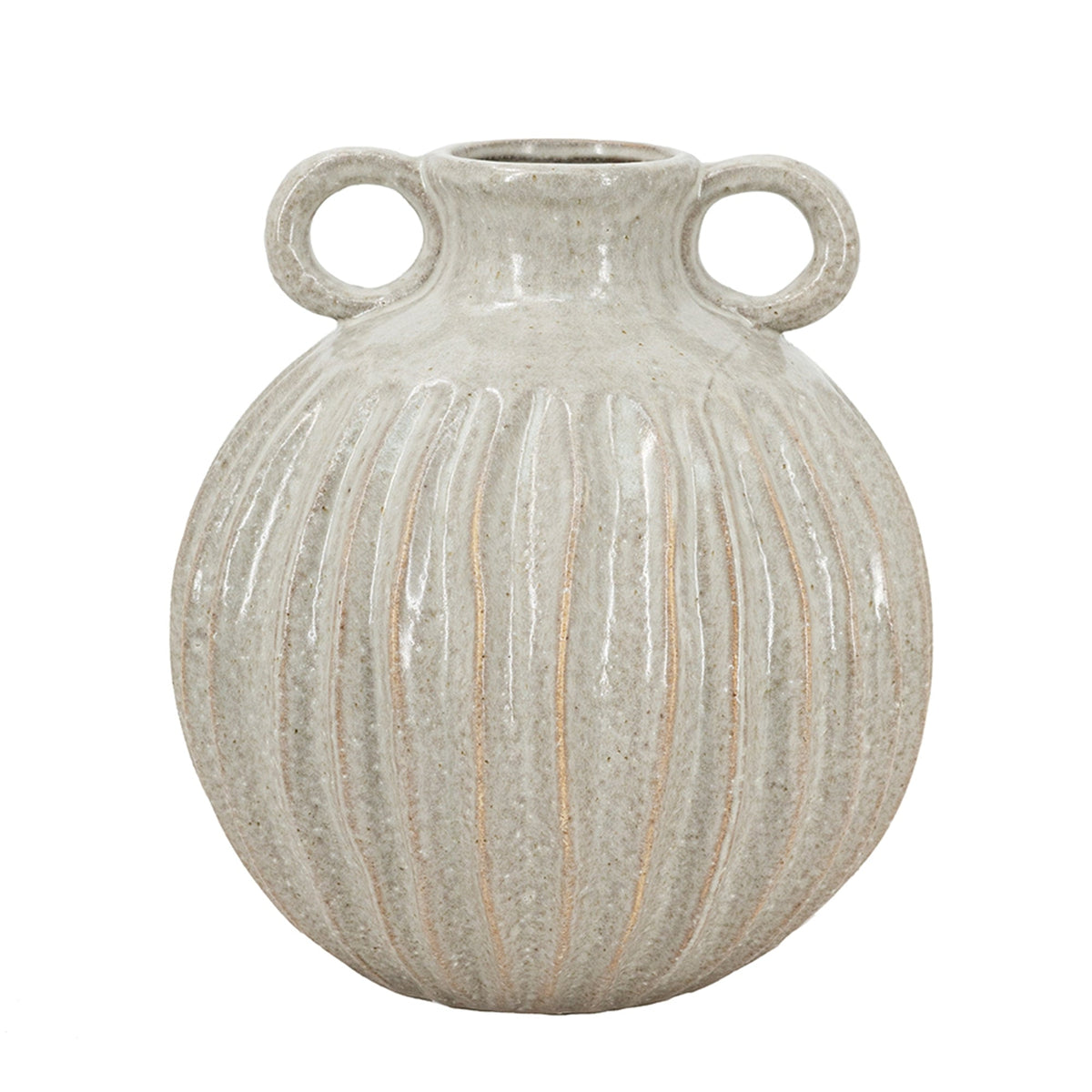 9x9x10' Decorative Round Ceramic Flower Vase with Small Handles and Textured Motif, Gold