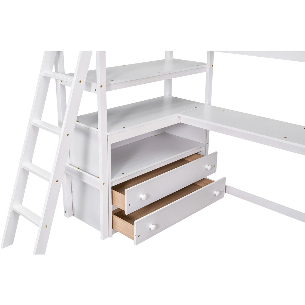 Modern Loft Bed With Built In Desk, Shelves, And 2 Drawers