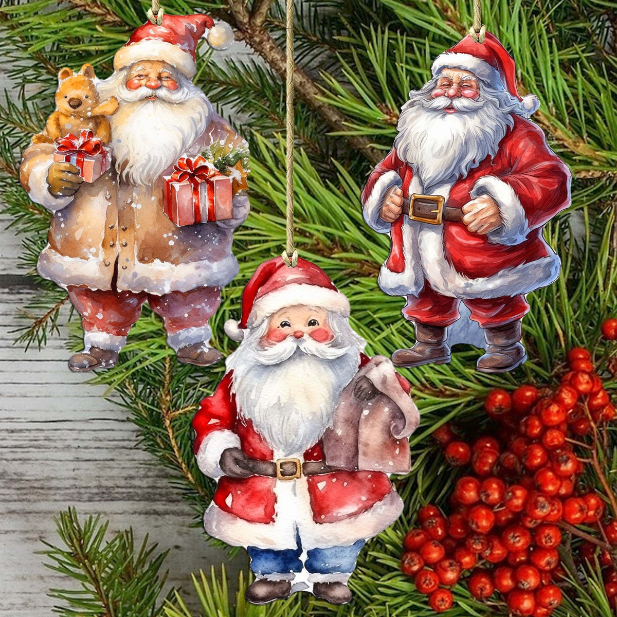 Santa Decorative Wooden Ornaments of 3 by G. Debrekht - Christmas Decor - 8091009-S3