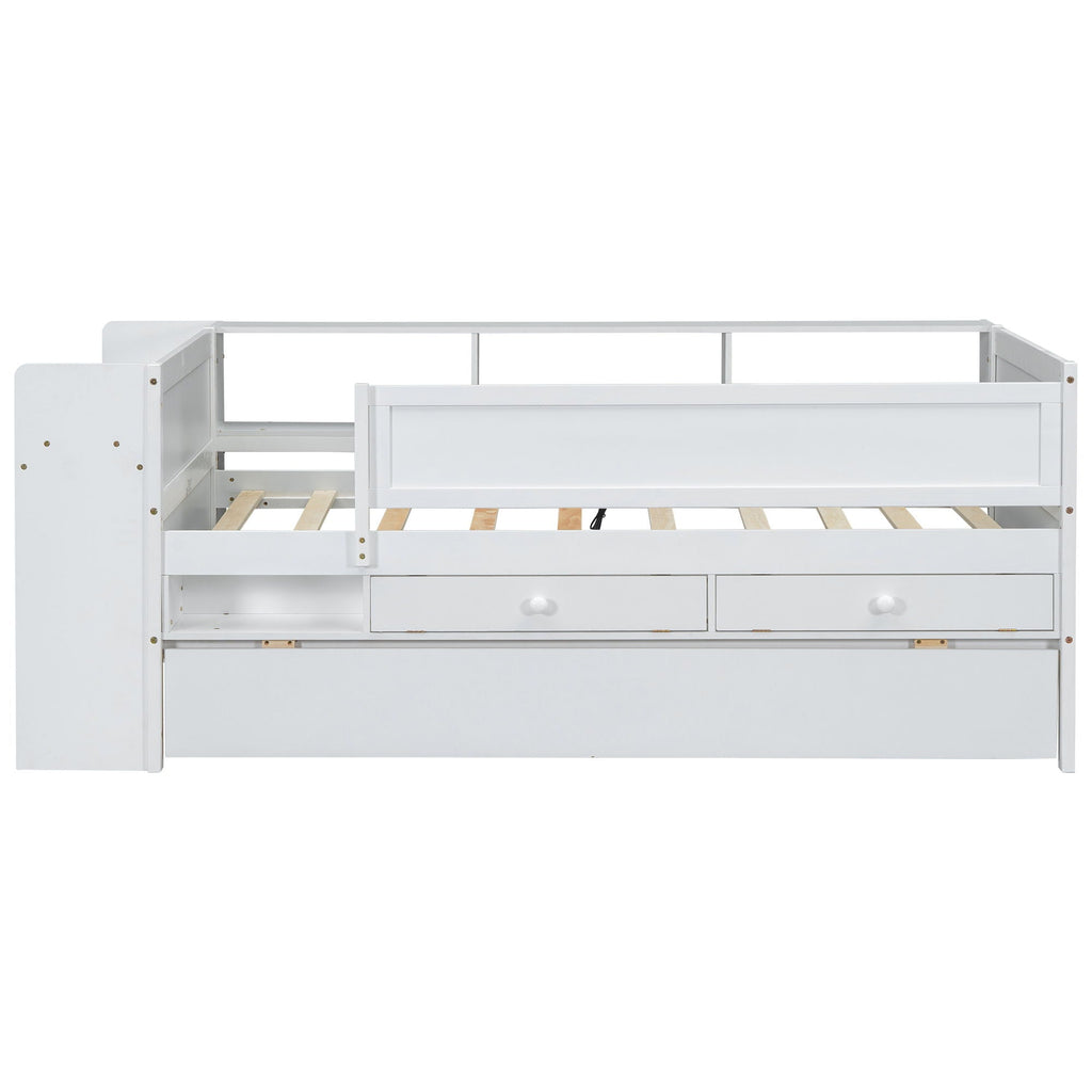 Twin Daybed With Drawers, Trundle, Headboard Storage, Study Desk, And USB Charging Station - White