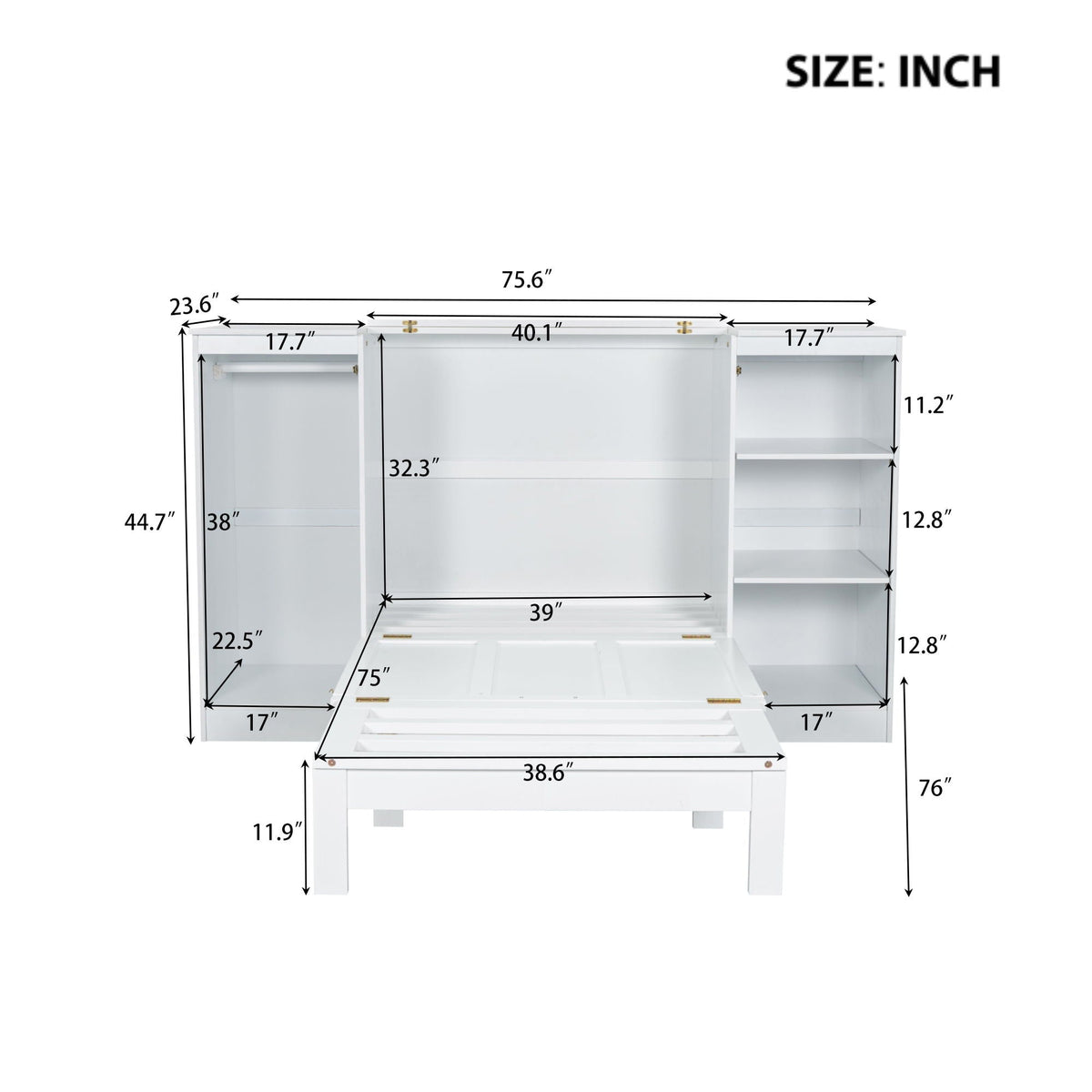 Twin Size Murphy Bed With Bedside Shelves And Wardrobe - White