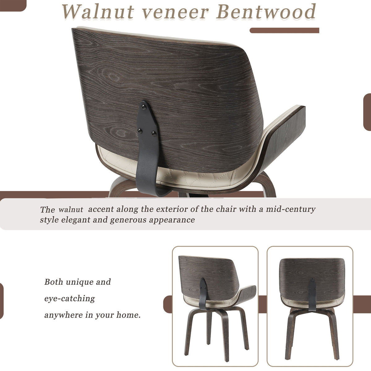 Mid Century Modern Dining Chair 360° Swivel, Ergonomic Design Upholstery, Bentwood Frame, (Set of 2) - Beige