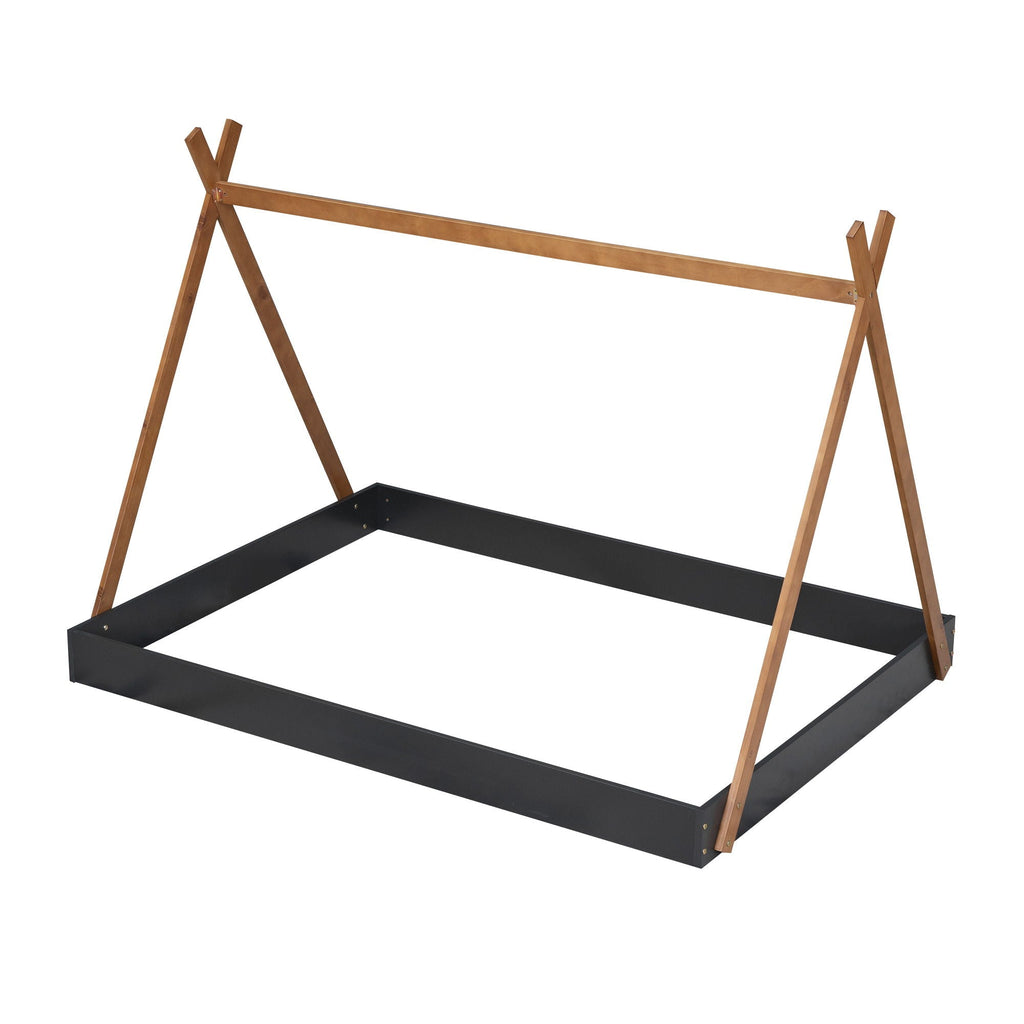 Full Size Tent Floor Bed With Triangle Structure, Low Profile Design - Black / Brown
