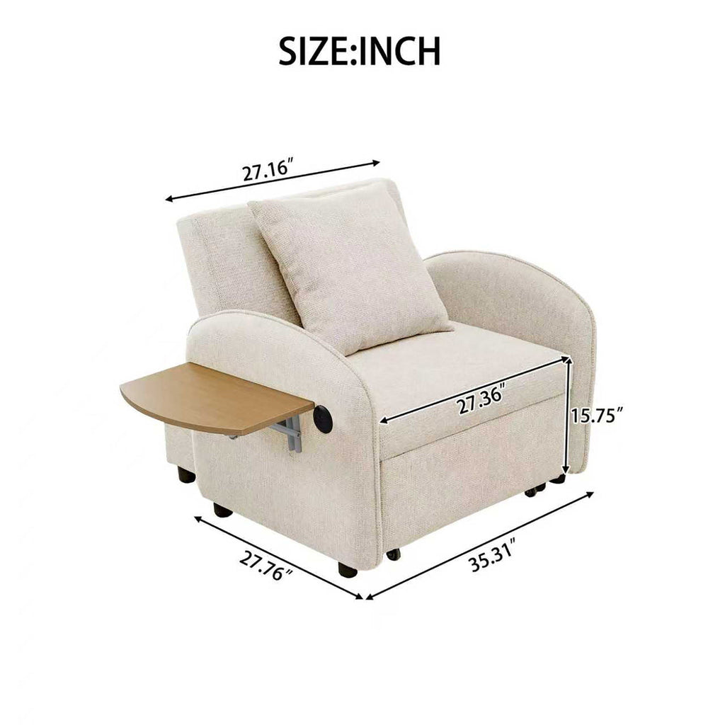 Convertible Single Chair Bed With Computer Board And USB Ports, 3 In 1 Sofa Bed - Beige