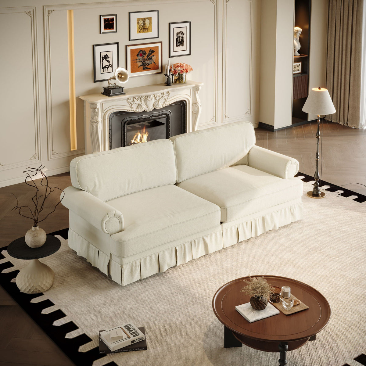 Luxuriously Comfortable Cloud Couch With Elegant Rolled Arms & Pleated Skirt Design