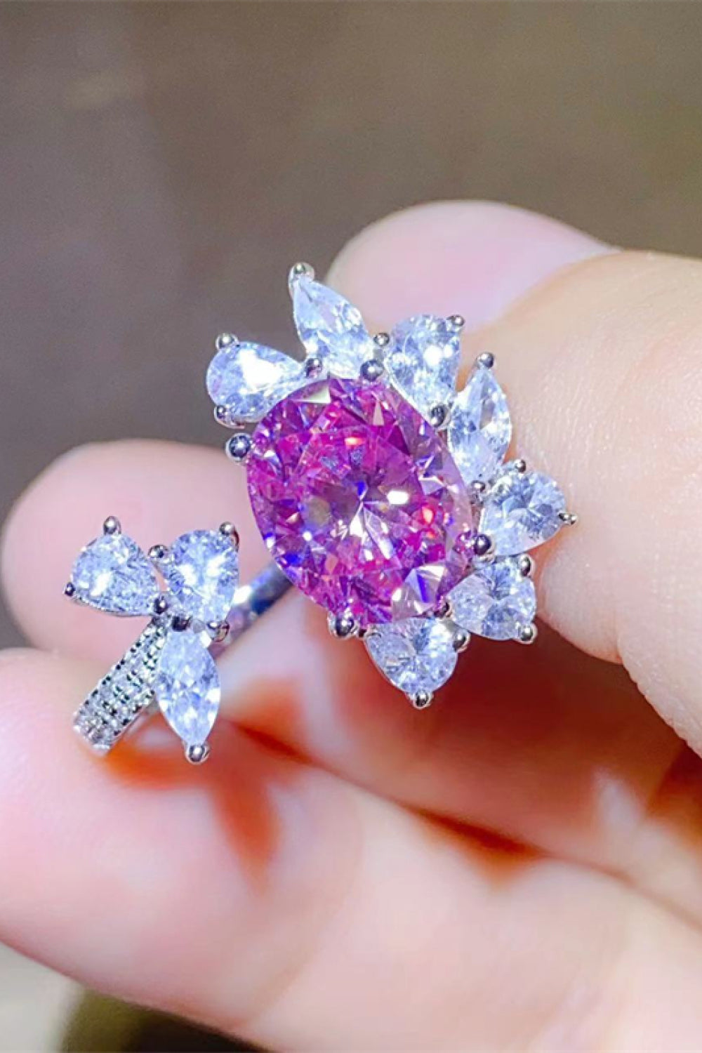 3 Carat Pink Oval-Cut Sparkala™ Platinum Over Pure Sterling Silver Open Ring