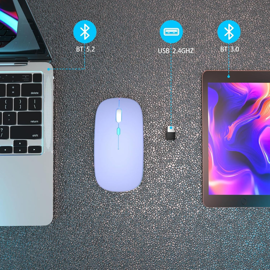 Wireless Bluetooth Mouse, Rechargeable, Dual Mode Bluetooth 5.2 & 2.4G USB, LED Lights, Slim, Silent, Portable Computer Mouse for Laptop, PC, Macbook, Ipad, Tablet (Purple)