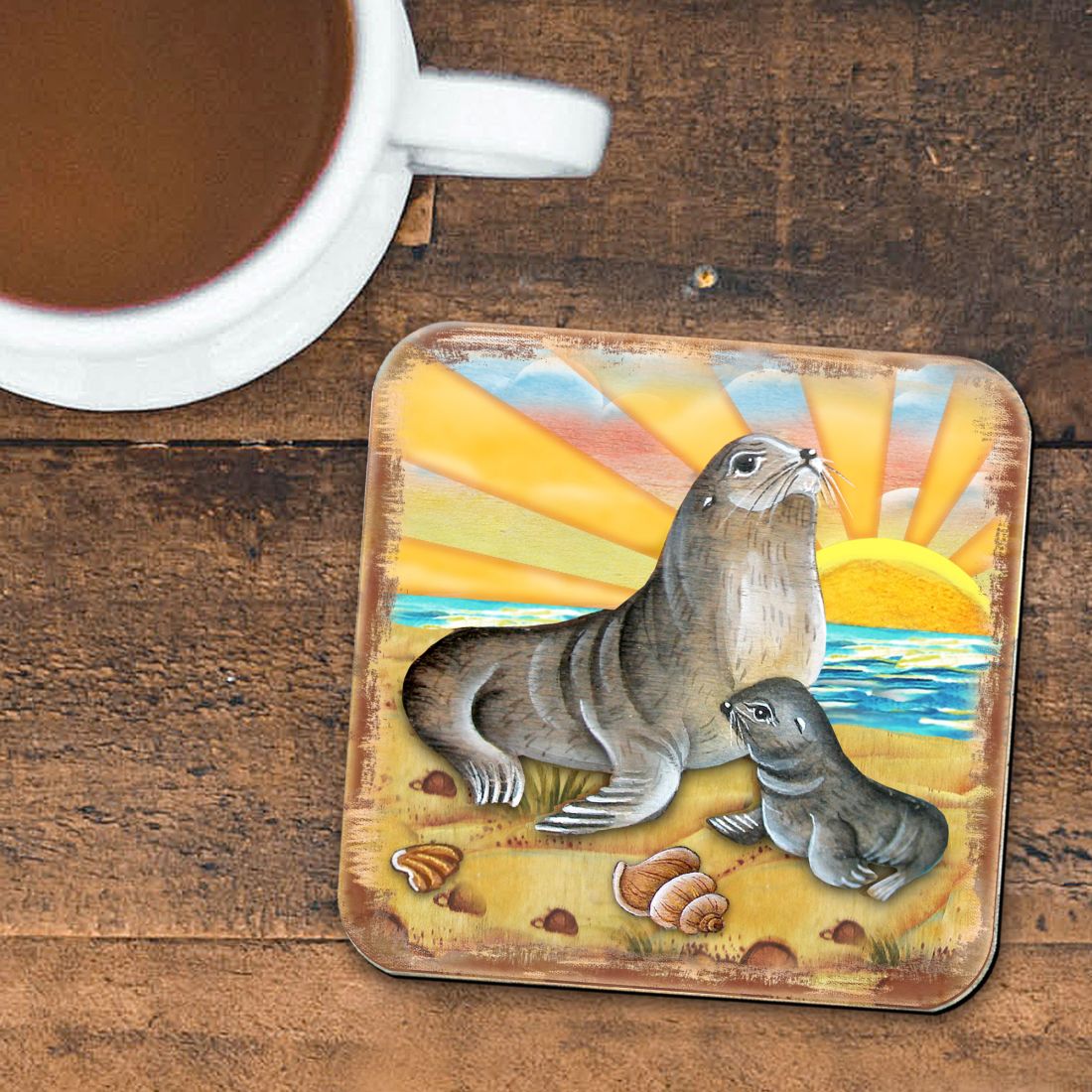 Sealion Coastal Wooden Cork Coasters Gift Set of 4 by Nature Wonders - Coastal Sea-Life Decor - 8198532-2C-S4
