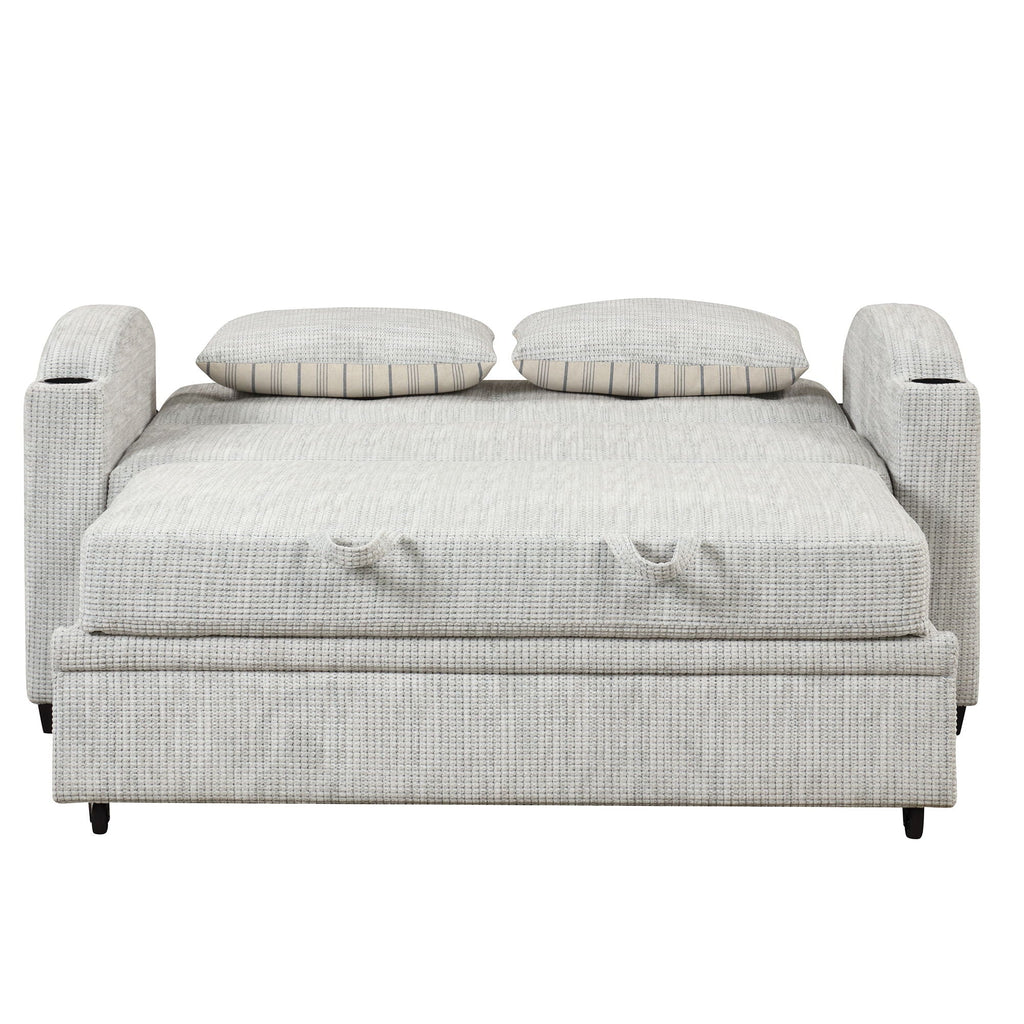 Pull Out Loveseat Sofa With Adjsutable Backrest, 2 Pillows, Cup Holders, USB Ports For Living Room
