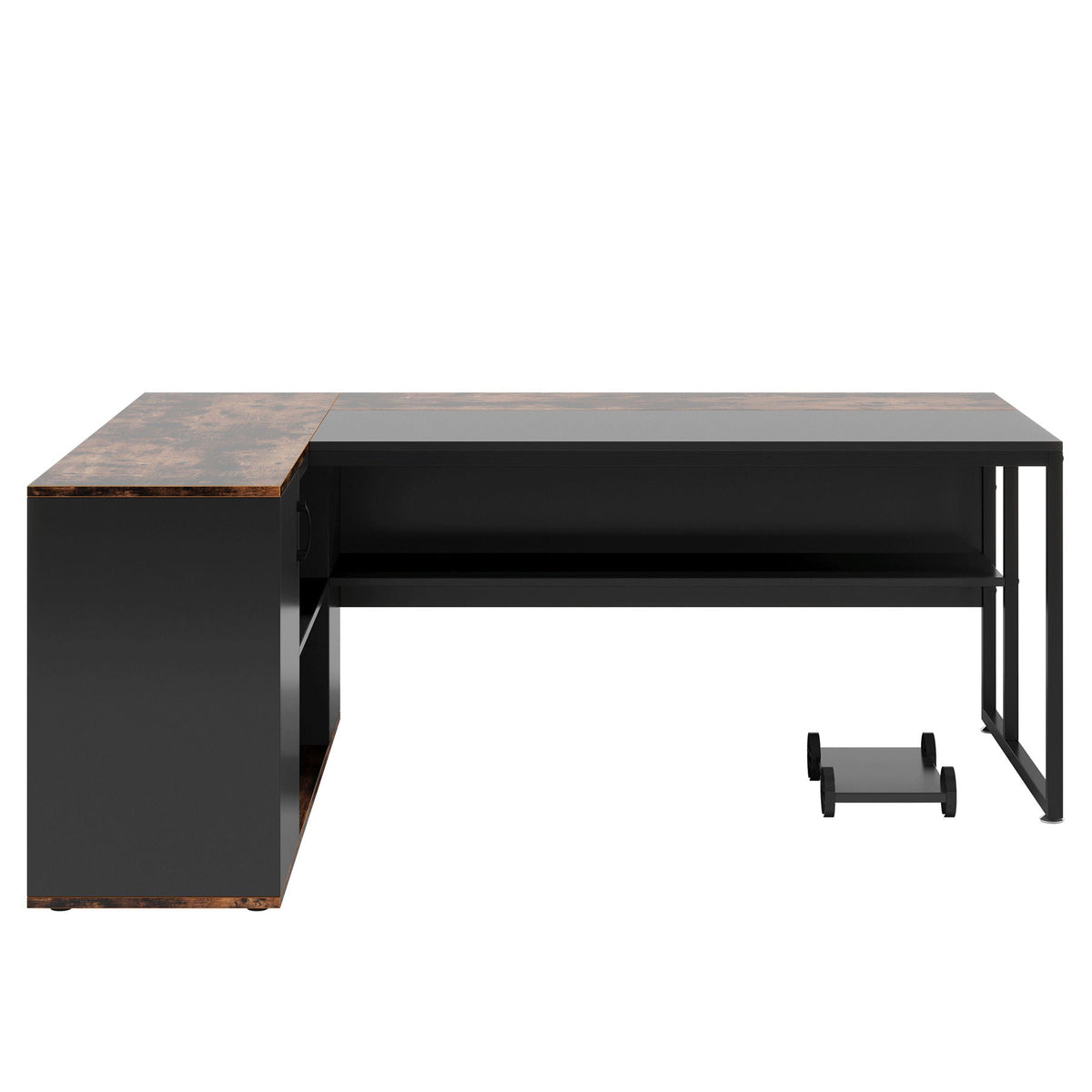 L-Shaped Executive Desk With Storage Cabinet & Shelves, Home Office Workstation With Cpu Stand And Printer Station - Brown / Black