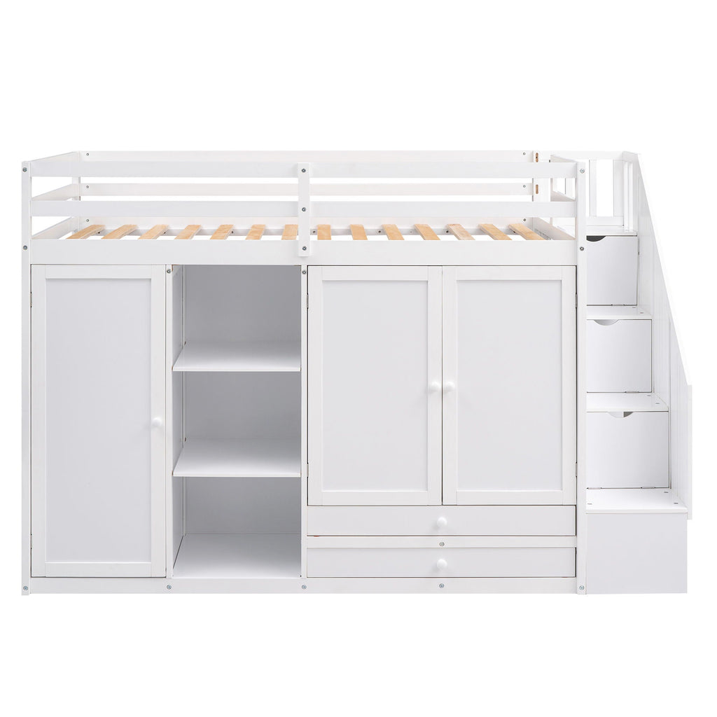 Loft Bed With 3 Shelves, 2 Wardrobes, 2 Drawers, Ladder Storage