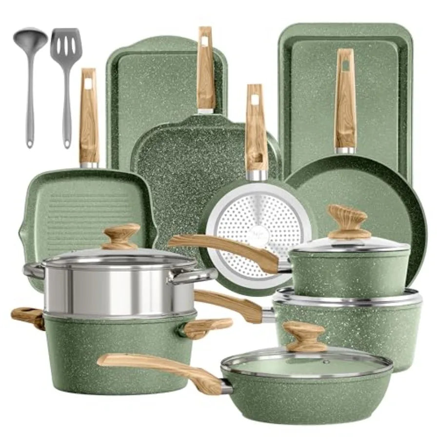 17 Piece Pots and Pans Set Non Stick Nonstick Induction Granite Kitchen Cookware Sets for Home Cooking Durable Induction Compat