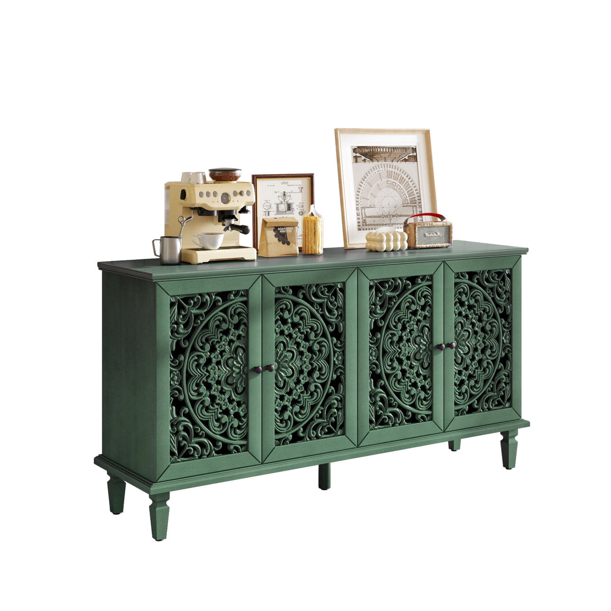 60' Antique Buffet Cabinet with Floral Carvings