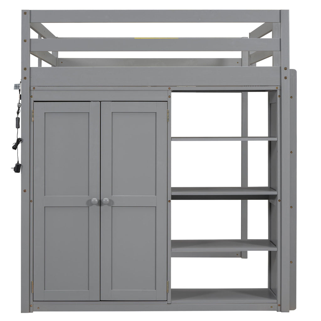 Loft Bed With Built In Wardrobe, Storage Shelves, And LED Light