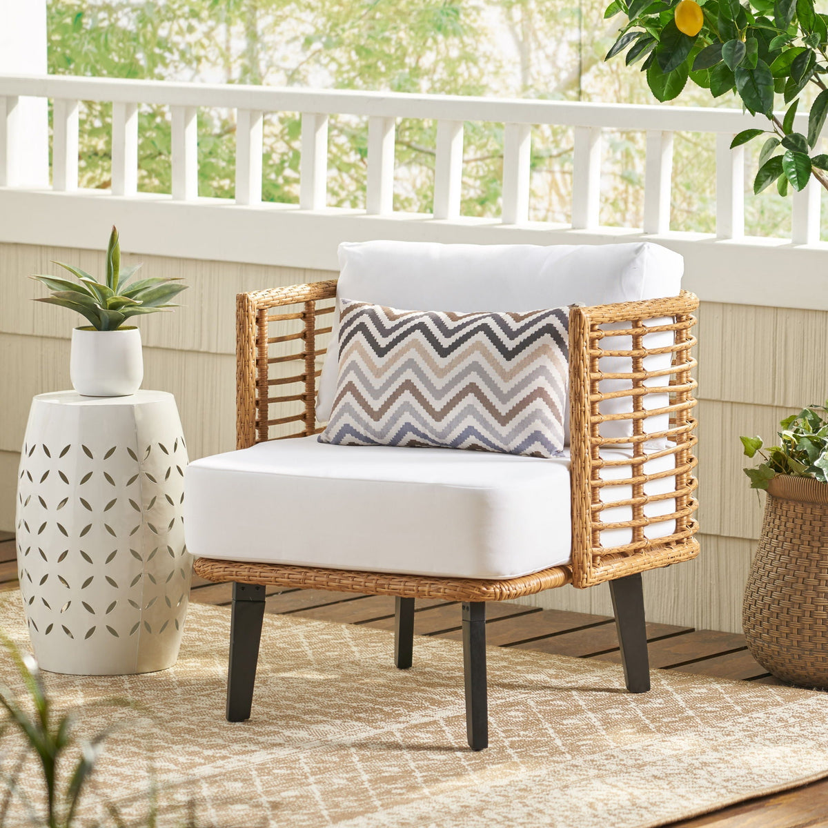 Outdoor Wicker Club Chair with Water Resistant Cushion - Brown