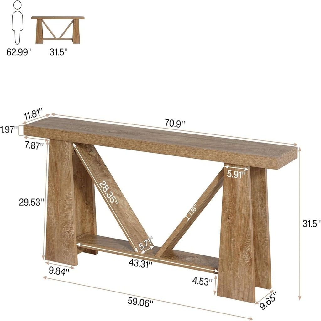 Slim 2 Tier Entryway Accent Extra Long Console Table For Living Room - Natural / Light Brown