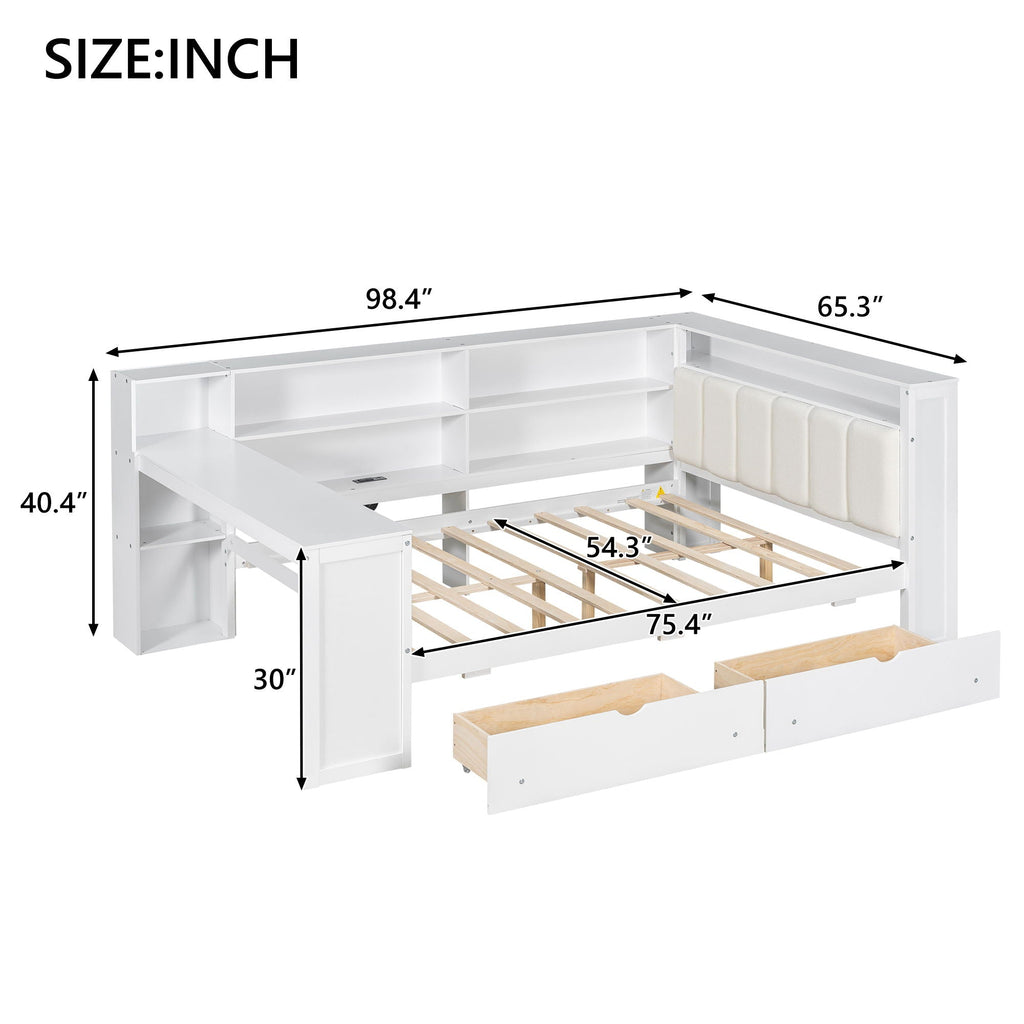 Platform Bed With Storage Shelves, Drawers, Charging Station, LED, Desk
