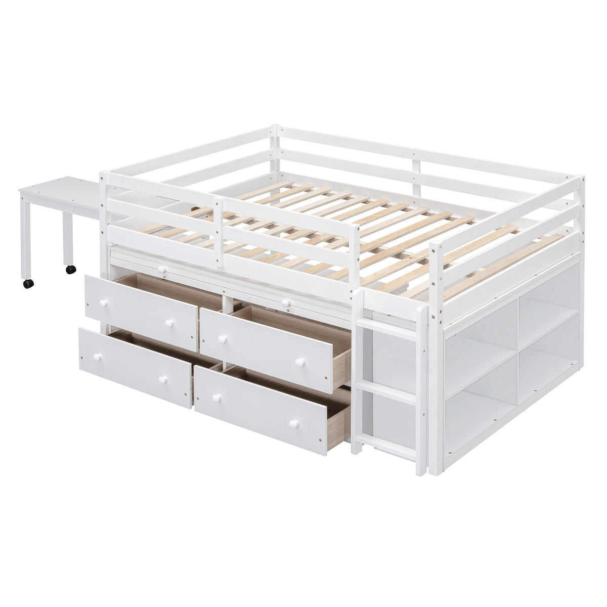 Loft Bed With Retractable Writing Desk And 4 Drawers, With Lateral Portable Desk And Shelves
