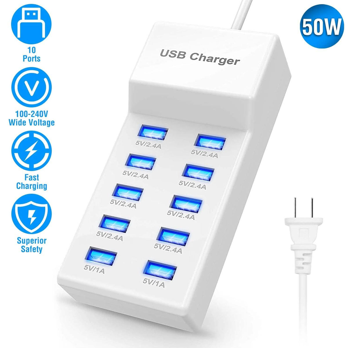 10-Ports 50W USB Wall Fast Charging Power Adapter