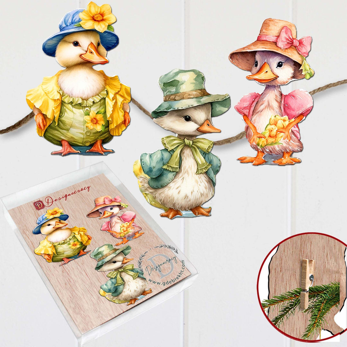 Easter Ducks Clip-On Eco Wood Decorative Ornaments Set of 3 by G. Debrekht - Easter Decor - 8091043C-S3