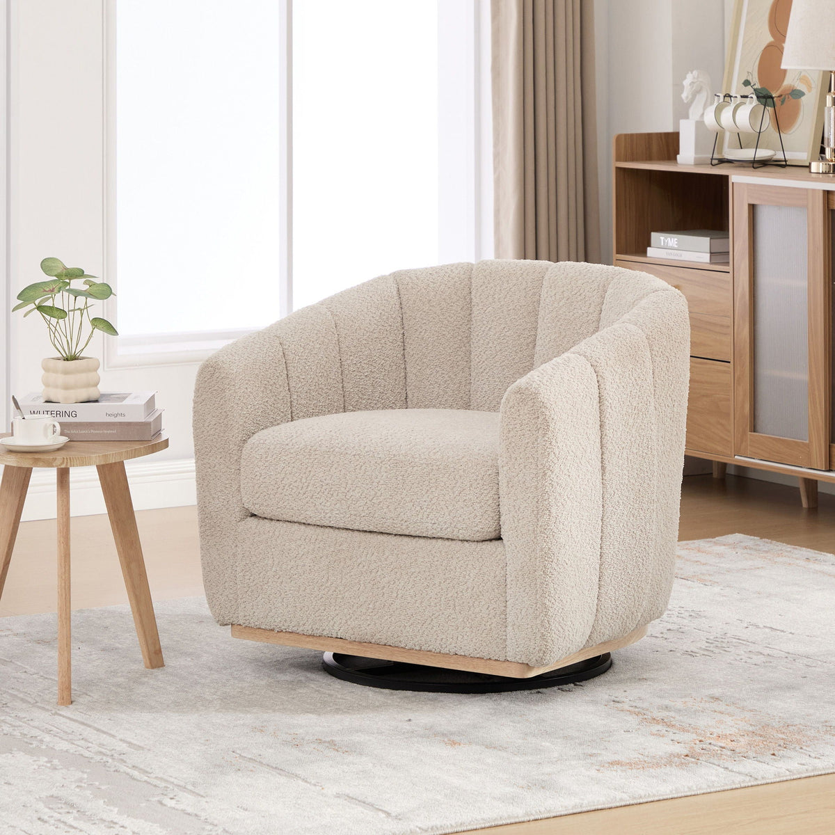 Swivel Upholstered Barrel Chair With Metal Base