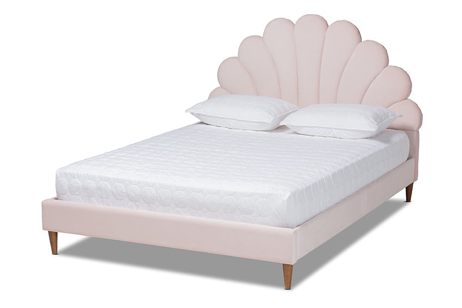 Baxton Studio Odille Modern Glam Light Pink Velvet Upholstered Walnut Brown Finished Wood Queen Size Seashell Shaped Platform Bed