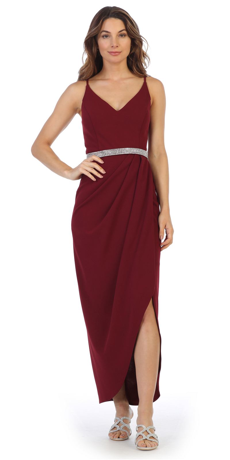 CLEARANCE - Spaghetti Strap Belted Faux-Wrap Style Long Formal Dress (Size XL)