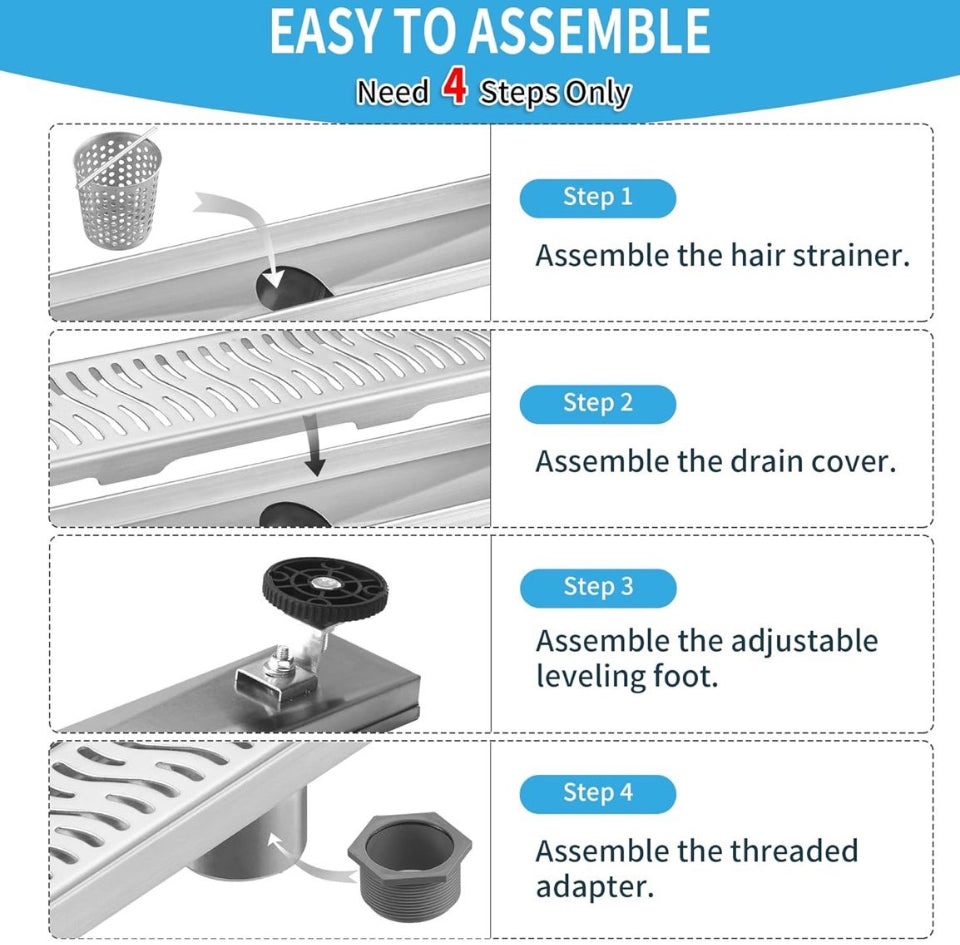 Open Box Linear Shower Drain 36 inch, Floor Drain with Removable Pattern Grate, 304 Stainless Steel Rectangular Linear Drain with Hair Strainer, CUPC