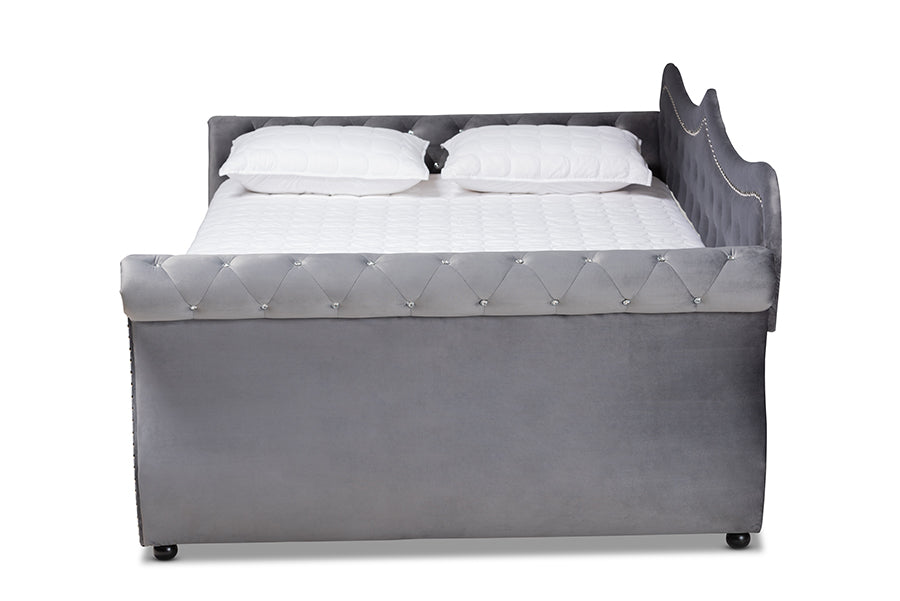 Baxton Studio Abbie Traditional and Transitional Grey Velvet Fabric Upholstered and Crystal Tufted Full Size Daybed with Trundle