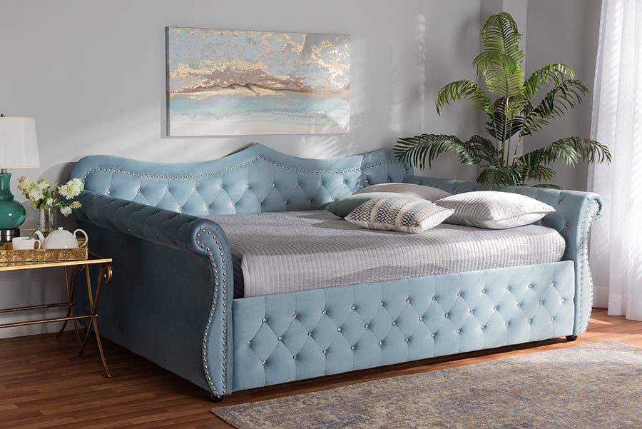Baxton Studio Abbie Traditional and Transitional Light Blue Velvet Fabric Upholstered and Crystal Tufted Queen Size Daybed
