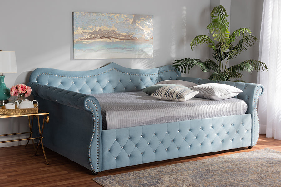 Baxton Studio Abbie Traditional and Transitional Light Blue Velvet Fabric Upholstered and Crystal Tufted Queen Size Daybed