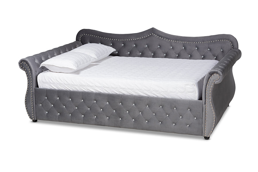 Baxton Studio Abbie Traditional and Transitional Grey Velvet Fabric Upholstered and Crystal Tufted Queen Size Daybed