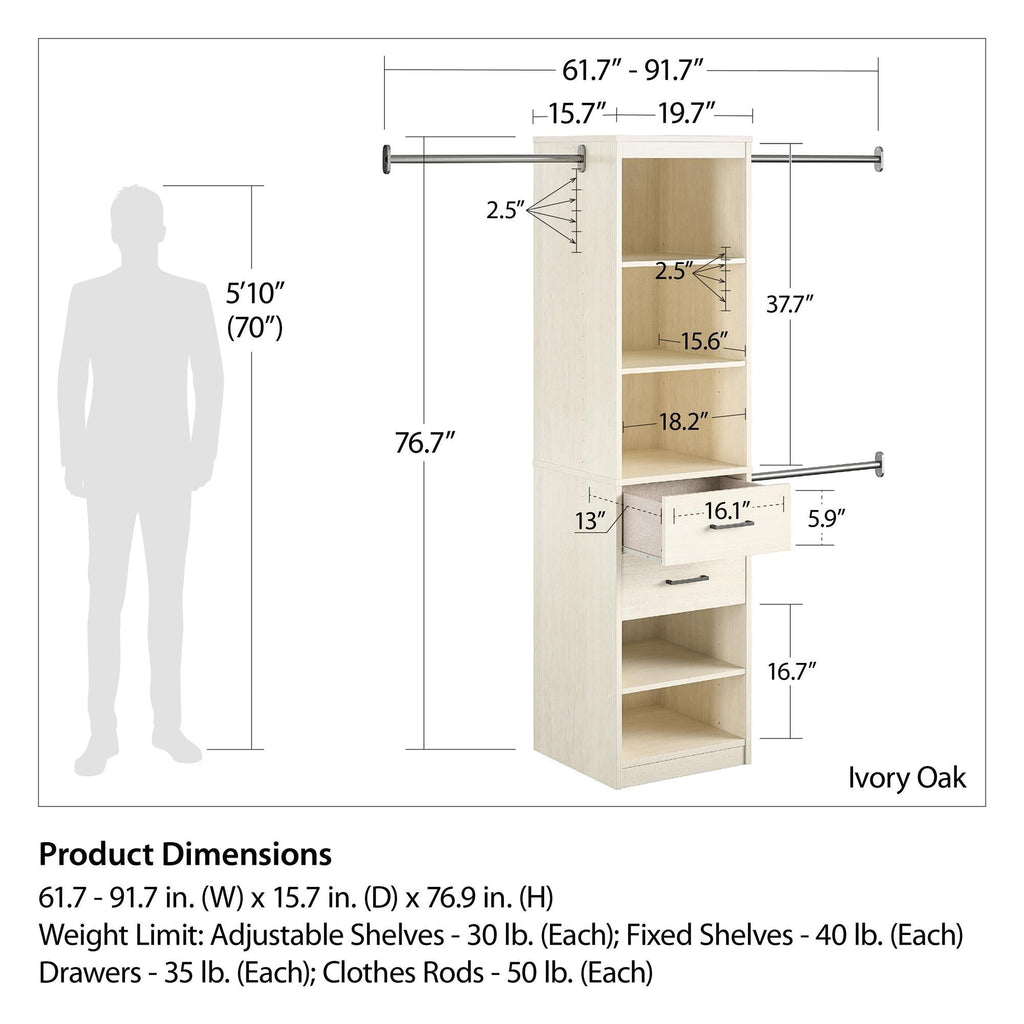 Kelly - 5 Shelf 2 Drawer Closet Organizer With 3 Adjustable Hanging Rods - Ivory