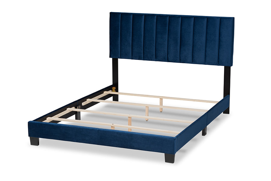 Baxton Studio Clare Glam and Luxe Navy Blue Velvet Fabric Upholstered Full Size Panel Bed with Channel Tufted Headboard