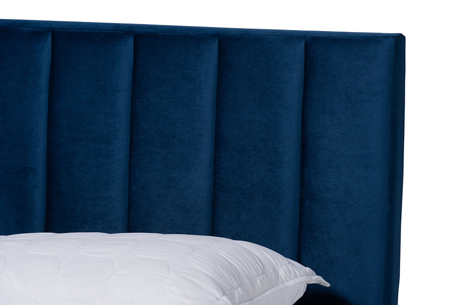 Baxton Studio Clare Glam and Luxe Navy Blue Velvet Fabric Upholstered Full Size Panel Bed with Channel Tufted Headboard