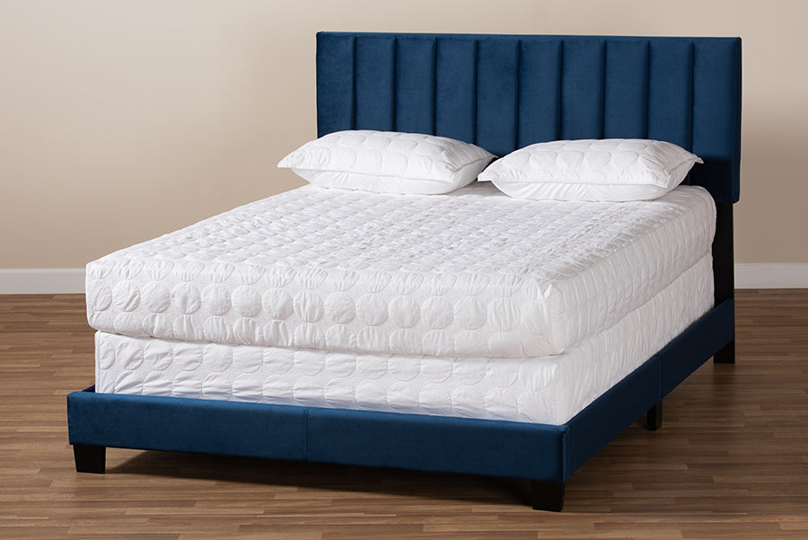 Baxton Studio Clare Glam and Luxe Navy Blue Velvet Fabric Upholstered Full Size Panel Bed with Channel Tufted Headboard